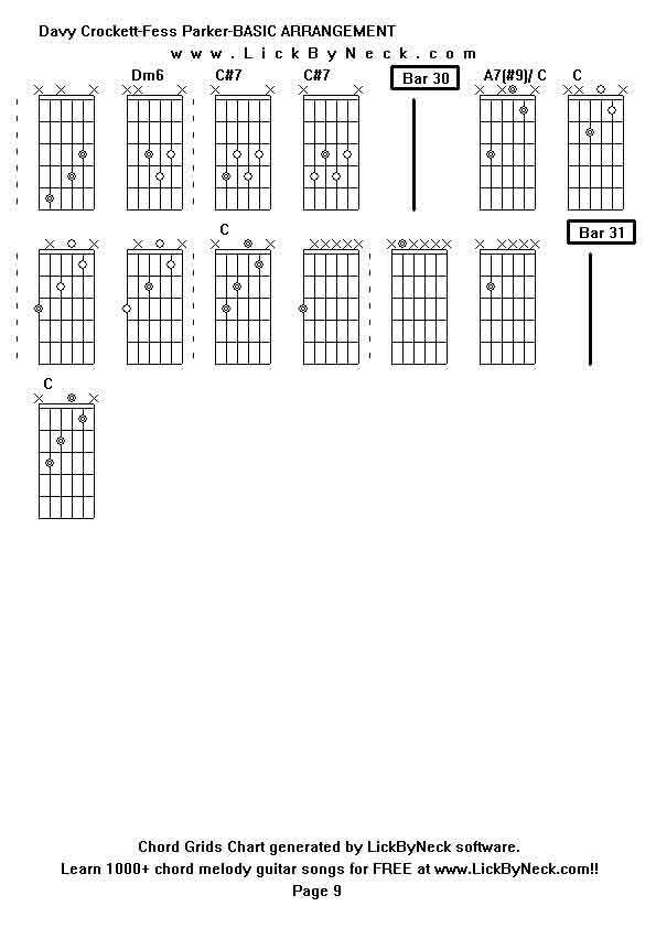 Chord Grids Chart of chord melody fingerstyle guitar song-Davy Crockett-Fess Parker-BASIC ARRANGEMENT,generated by LickByNeck software.